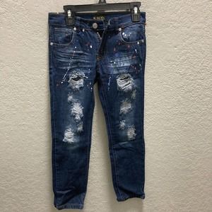 Kroix Girl’s Blue Distressed Jeans Size 6X Paint Effects Inseam 23”